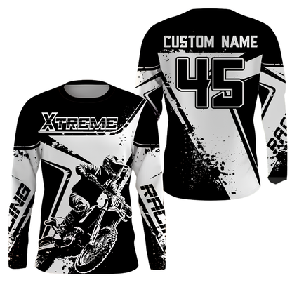 Custom Name Number Men's Black And White Dirt Bike Long Sleeve Racing Jersey, Custom Dirt Bike Shirts MZ0133