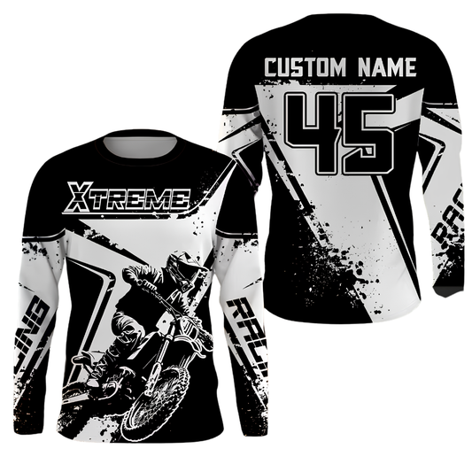 Custom Name Number Men's Black And White Dirt Bike Long Sleeve Racing Jersey, Custom Dirt Bike Shirts MZ0133