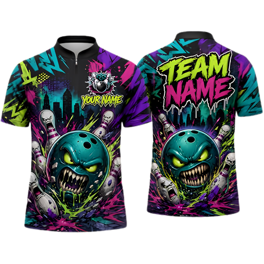 Custom Angry Ball And Pins Bowling Jersey Mens, Custom Team Graffiti Bowling Shirt BZ0917