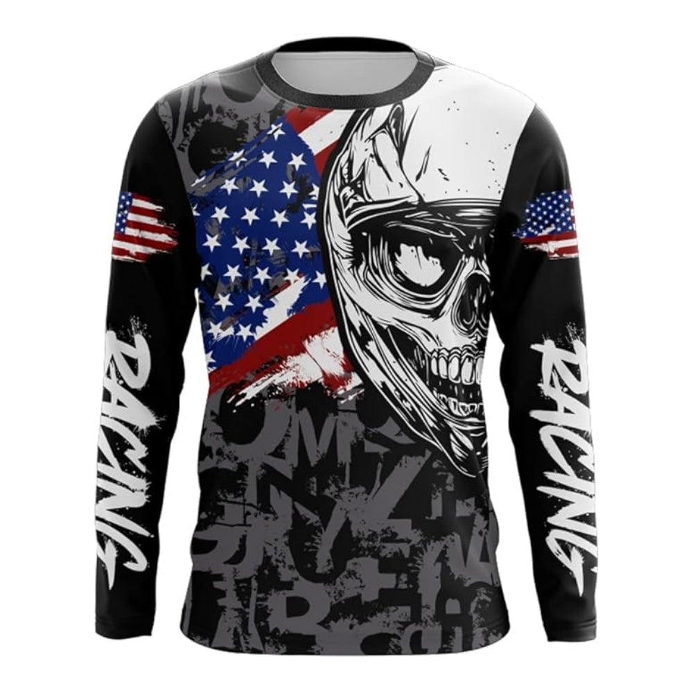 Custom Skull USA Flag Long Sleeve Motocross Jersey For Men, Custom Skull Dirt Bike Shirts MZ0003