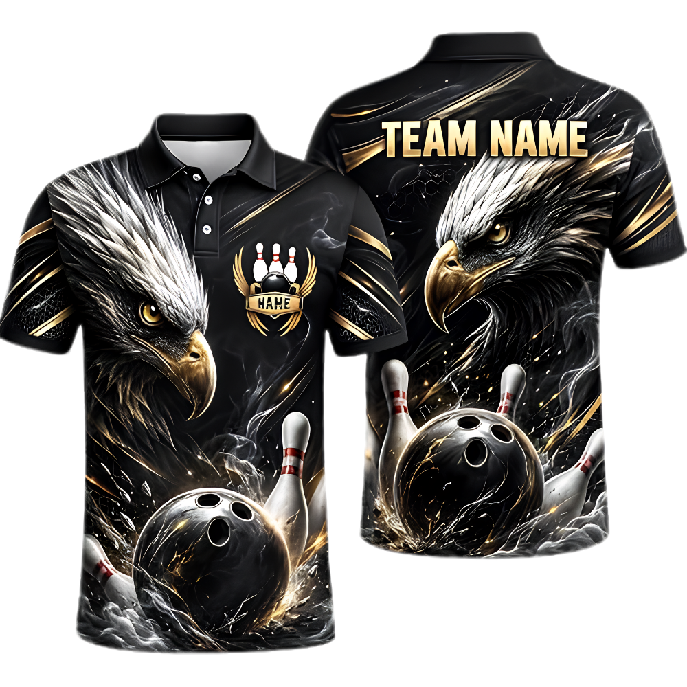 Custom Eagle Gold Black Bowling Polo Shirt For Men, Custom Eagle Bowling Team Shirt BZ0871