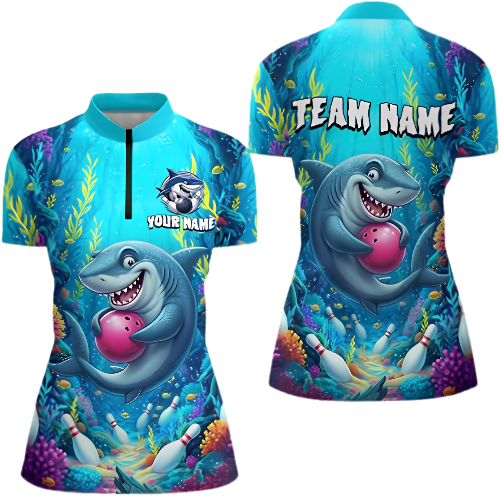 Women's Custom Funny Shark Ocean Bowling Jersey, Custom Shark Team Ladies Bowling Shirt BZ1014