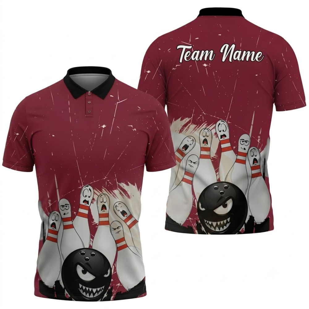 Custom Angry Pins Red Bowling Polo Shirt For Men, Custom Team Bowling Shirts BZ0854