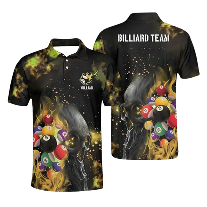 Custom Flame Skull Billiard Polo Shirt For Men, Custom Skull Billiard Team Shirts BIZ0101