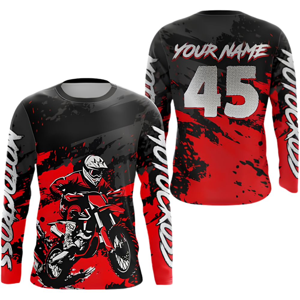 Custom Black Red Rider Men's Motocross Racing Long Sleeve Jersey, Custom Dirt Bike Shirt MZ0127