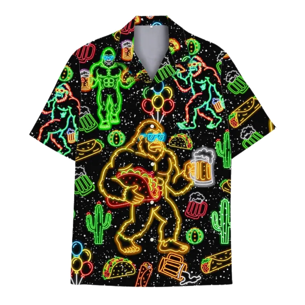 Neon Bigfoot And Beer Taco Men's Hawaiian Shirt, Sasquatch Neon Hawaiian Shirts HE0396