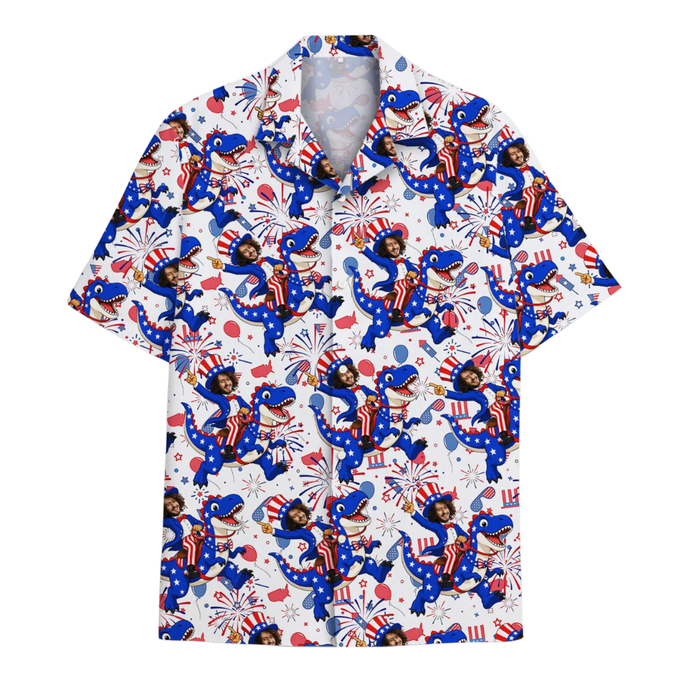 Custom Face Dinosaur American Flag Hawaiian Shirt Men, Custom Photo 4th Of July Hawaiian Shirts HE0280