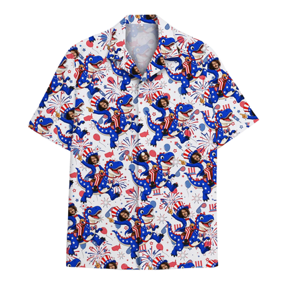 Custom Face Dinosaur American Flag Hawaiian Shirt Men, Custom Photo 4th Of July Hawaiian Shirts HE0280