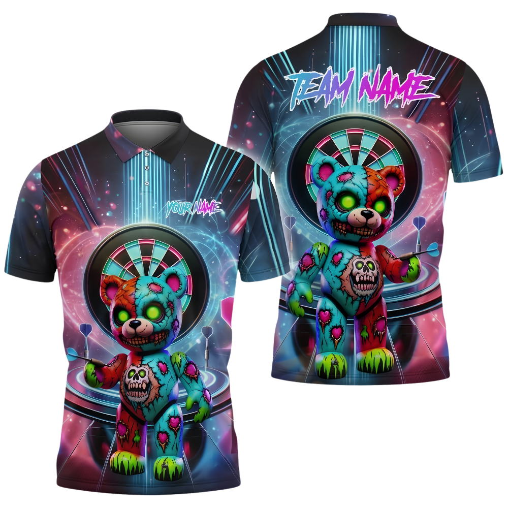 Bear Skull Custom Mens Neon Colorful Darts Polo Shirt, Custom Bear Darts Team Shirt DZ0153