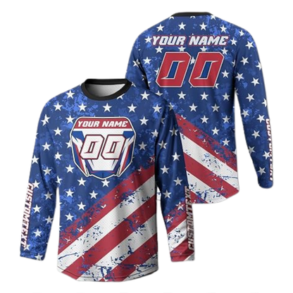 Custom Red White And Blue USA Flag Motocross Long Sleeve Jersey For Men, Custom Patriotic Dirt Bike Shirt MZ0126