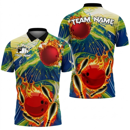 Fire Pins And Ball Custom Bowling Polo Shirt For Men, Custom Flame Bowling Team Shirts BZ0733