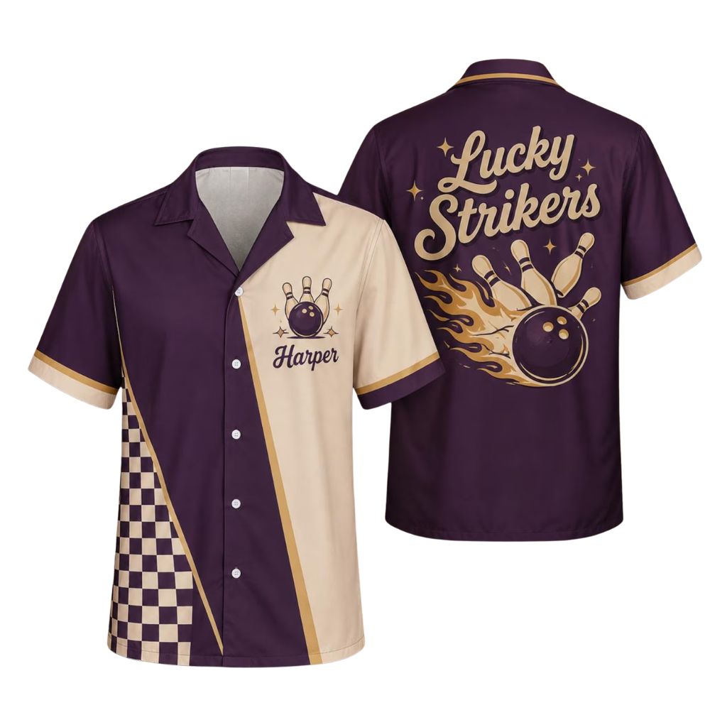 Custom Lucky Strikers Retro Purple Bowling Hawaiian Shirt Men Women, Custom Retro Bowling Team Shirt BE0250