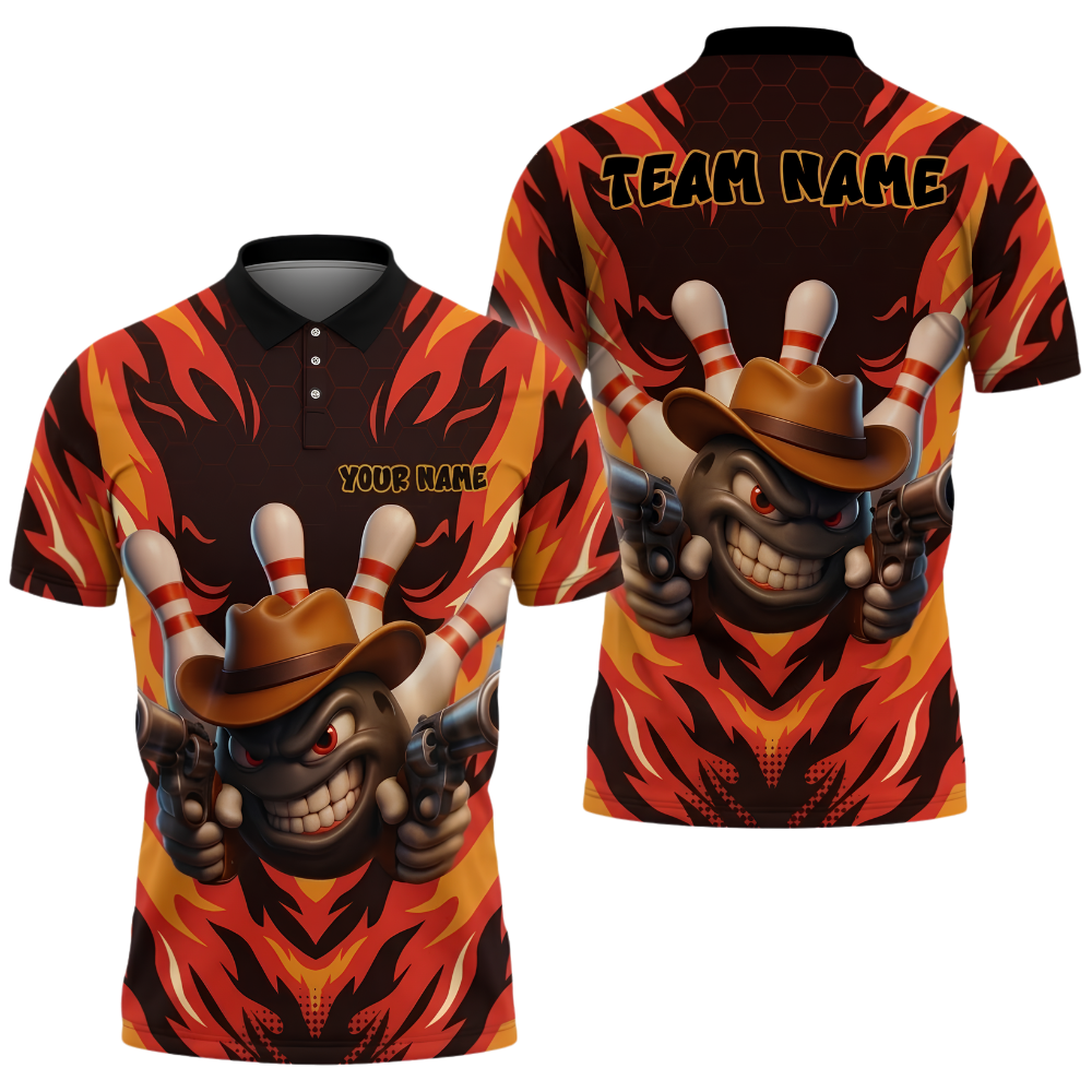 Custom Cowboy Ball Flame Bowling Men Polo Shirt, Custom Western Team Bowling Shirt BZ1023
