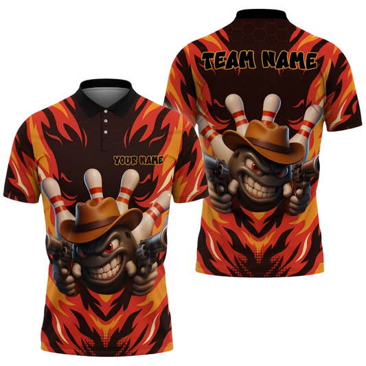 Custom Cowboy Ball Flame Bowling Men Polo Shirt, Custom Western Team Bowling Shirt BZ1023