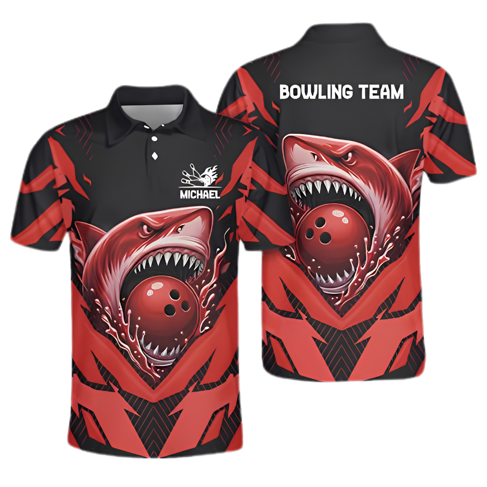 Custom Shark Red Black Bowling Polo Shirt Mens, Custom Shark Team Bowling Shirt BZ0960