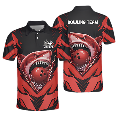 Custom Shark Red Black Bowling Polo Shirt Mens, Custom Shark Team Bowling Shirt BZ0960