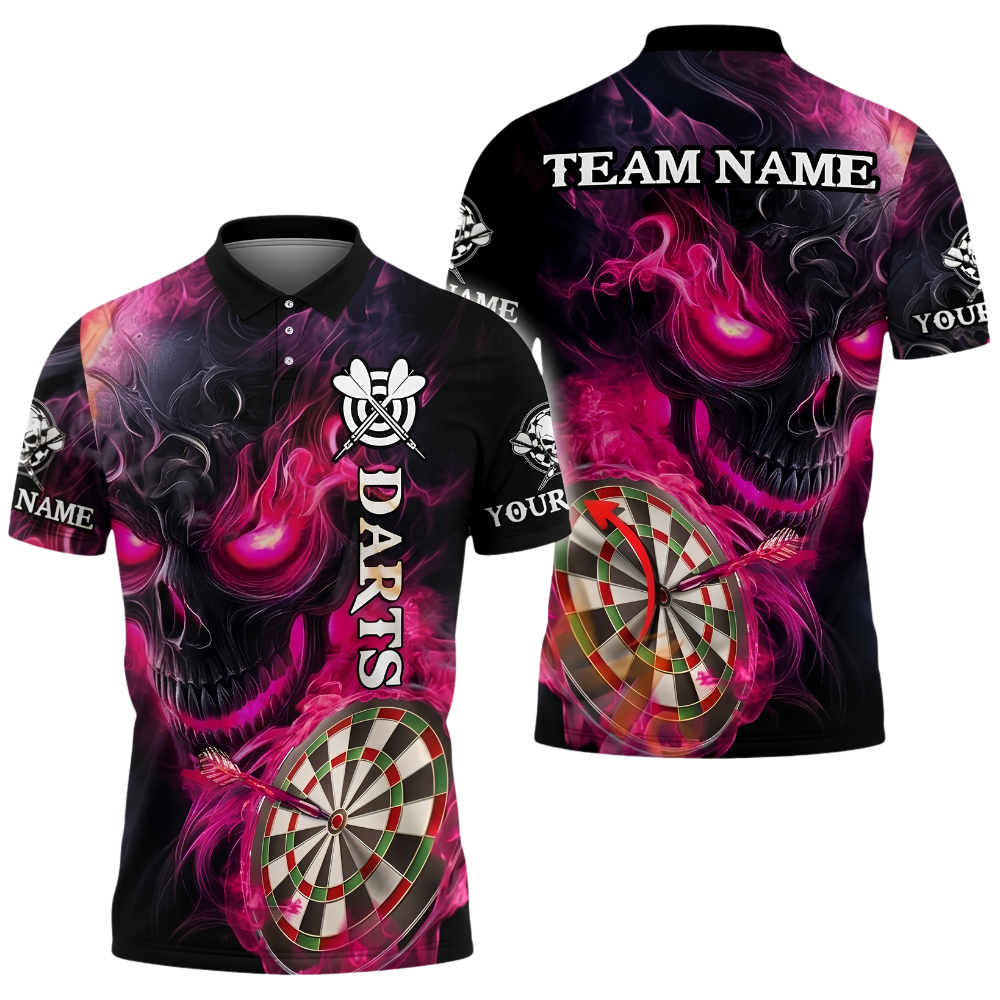 Custom Skull Pink Flame Darts Polo Shirt For Men, Custom Skull Darts Team Shirt DZ0141