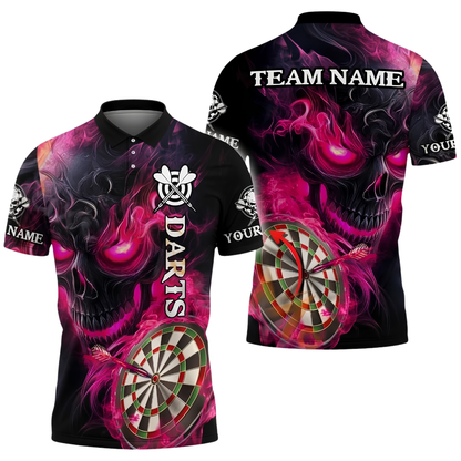 Custom Skull Pink Flame Darts Polo Shirt For Men, Custom Skull Darts Team Shirt DZ0141