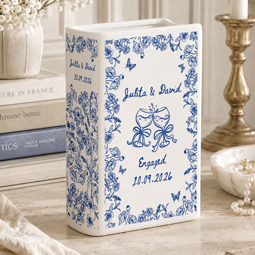 Custom Couple Name  Engeged Toile De Jouy Ceramic Book Vase, Personalized Engagement Book Vase WD0624