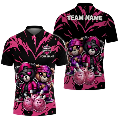 Teddy Bear Couple Custom Bowling Polo Shirt, Custom Bear Bowling Team Shirts BZ1025