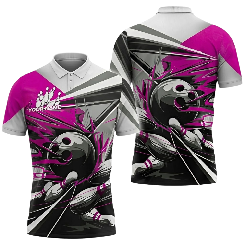 Custom Team Pink Grey Bowling Polo Shirt Mens, Custom Bowling Shirt BZ0834