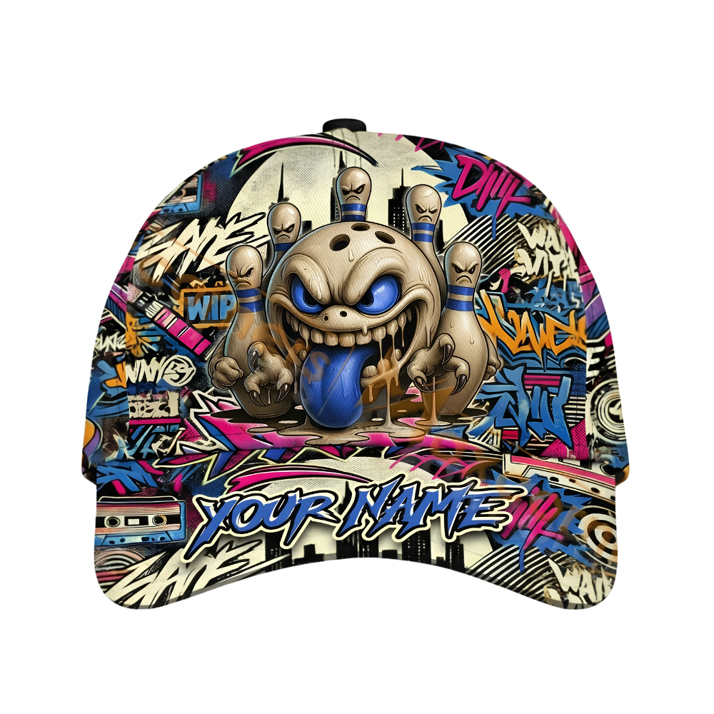 Custom Bowling Funny Pins And Ball Graffiti Baseball Cap, Custom Bowling Cap Hat CP0696