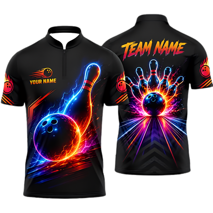 Neon Ball And Pins Custom Bowling Team Polo Shirt For Men, Custom Bowling Shirt BZ1011