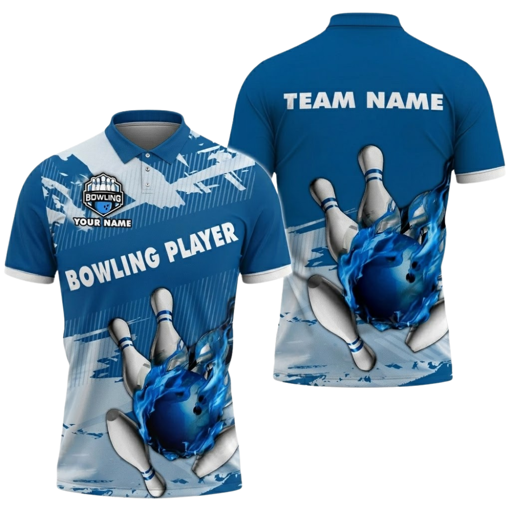Custom Blue Flame Bowling Player Polo Shirt, Custom Flame Bowling Shirt Team BZ0827