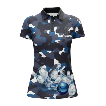 Women's Custom Blue Camo Bowling Polo Shirt, Custom Camo Bowling Team Shirts For Ladies BZ0486