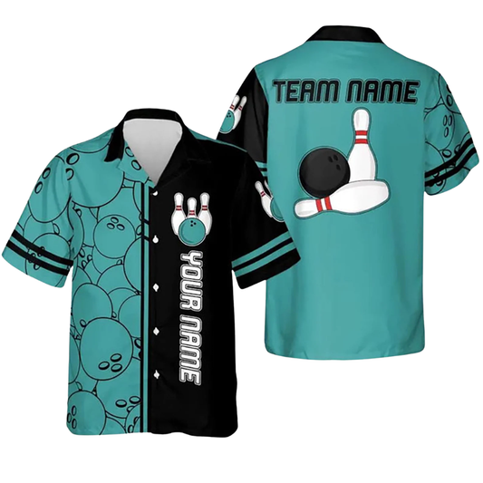 Custom Retro Black Cyan Bowling Hawaiian Shirt For Men Women, Custom Retro Team Bowling Shirt BE0222