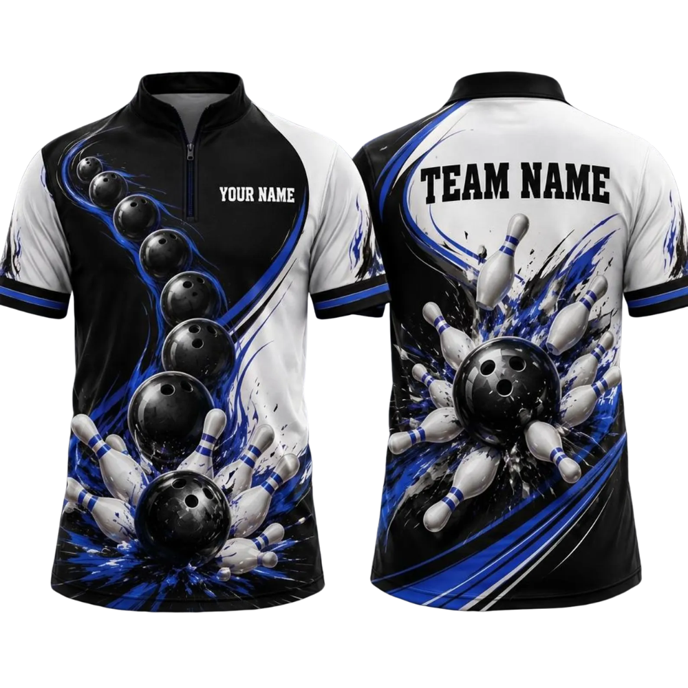 Custom Team Blue Black White Bowling Jersey For Men, Custom Bowling Shirt BE0242