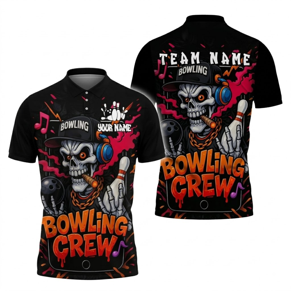 Custom Skeketon DJ Bowling Crew Polo Shirt For Men, Custom Skull Bowling Team Shirts BZ0833