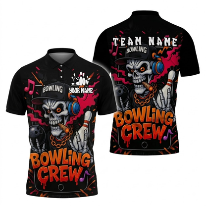 Custom Skeketon DJ Bowling Crew Polo Shirt For Men, Custom Skull Bowling Team Shirts BZ0833
