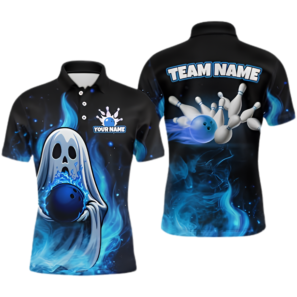Custom Ghost Blue Flame Bowling Mens Polo Shirt, Custom Halloween Bowling Team Shirt BZ1006