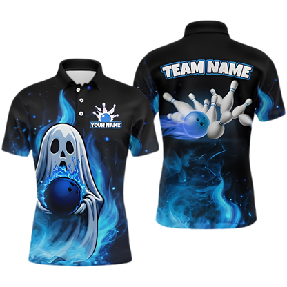 Custom Ghost Blue Flame Bowling Mens Polo Shirt, Custom Halloween Bowling Team Shirt BZ1006