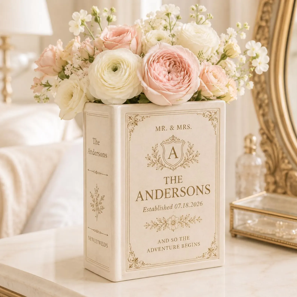 Personalized Mr & Mrs Newlyweds Ceramic Book Vase, Personalized Newlyweds Wedding Book Vase WD0600
