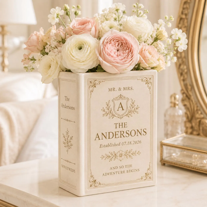 Personalized Mr & Mrs Newlyweds Ceramic Book Vase, Personalized Newlyweds Wedding Book Vase WD0600