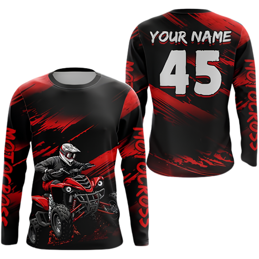 Personalized ATV Rider Black Red Dirt Bike Long Sleeve Racing Jersey For Men, Custom ATV Motocross Shirt MZ0128
