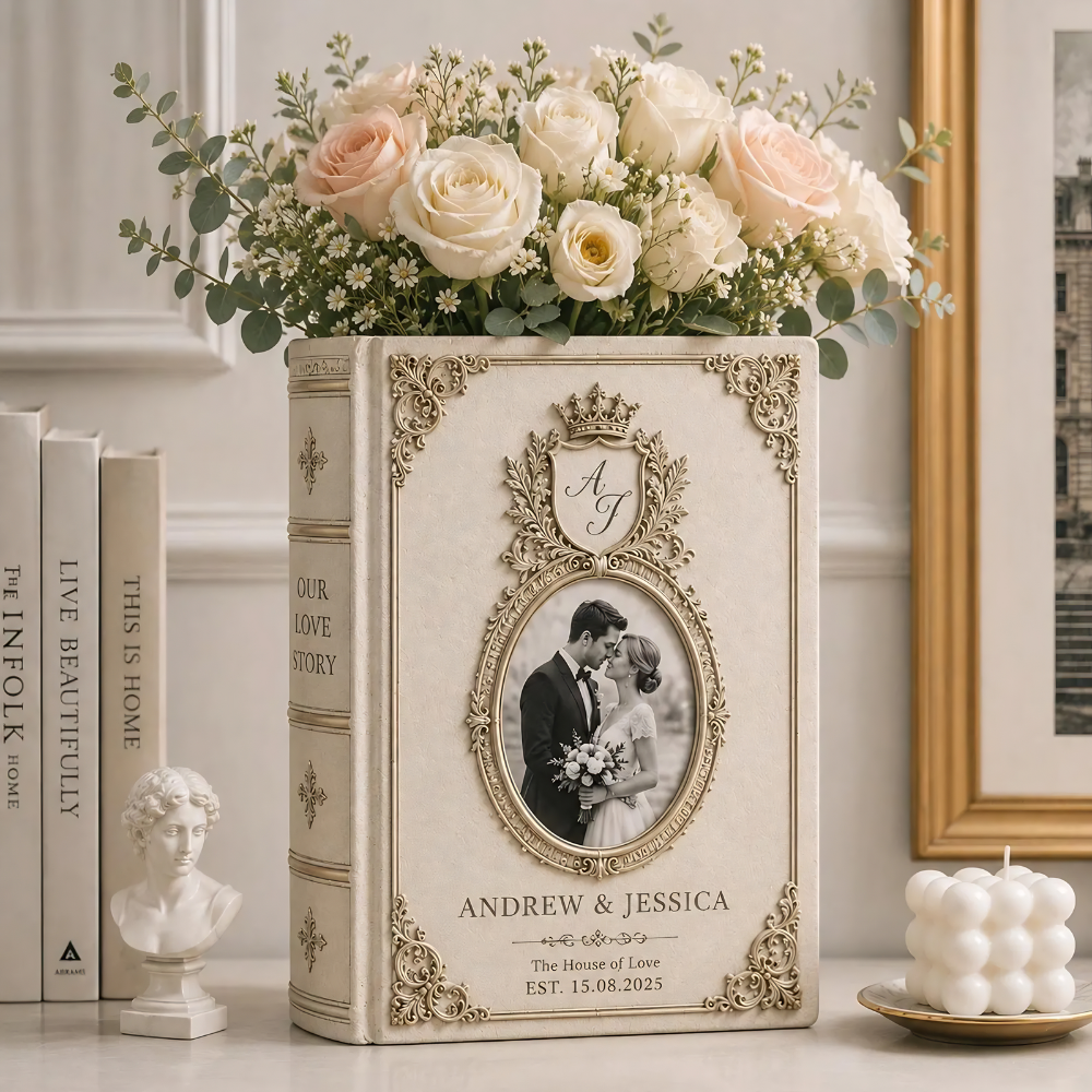 Custom Photo Couple Vintage Wedding Ceramic Book Vase, Custom Wedding Book Vase With Picture WD0604
