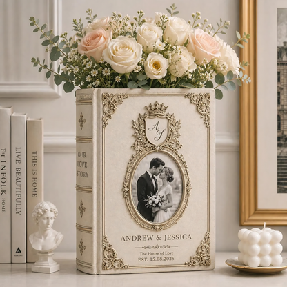 Custom Photo Couple Vintage Wedding Ceramic Book Vase, Custom Wedding Book Vase With Picture WD0604
