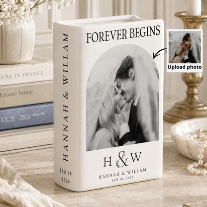 Forever Begins Custom Wedding Photo Ceramic Book Vase, Custom Wedding Book Vase With Picture WD0625
