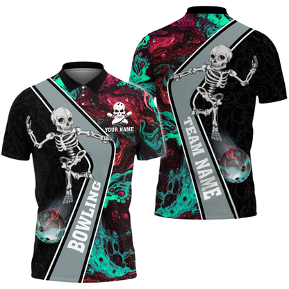Custom Skeleton Flame Bowling Mens Polo Shirt, Custom Skull Bowling Team Shirts BZ0649