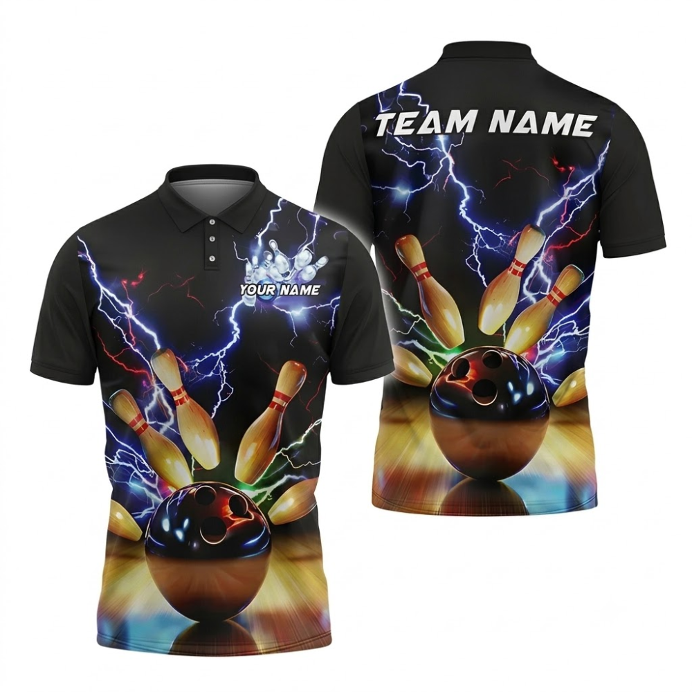 Custom Thunder 3D Bowling Polo Shirt For Men, Custom Team Thunder Bowling Shirt BZ0838
