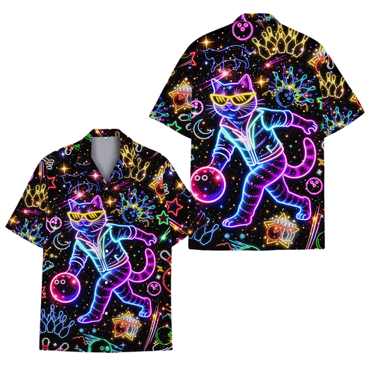 Neon Cat Bowling Hawaiian Shirt, Cat Lover Bowling Shirts BE0264