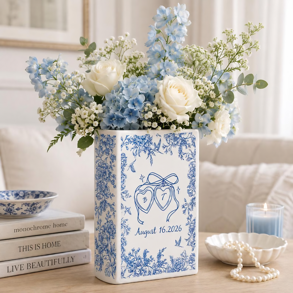 Personalized Toile De Jouy Wedding Engagement Ceramic Book Vase, Custom Monogram Couple Name Initials Wedding Book Vase WD0613