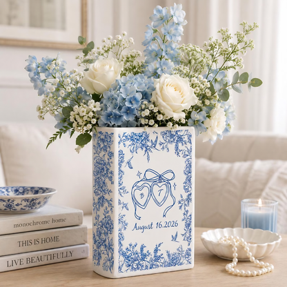 Personalized Toile De Jouy Wedding Engagement Ceramic Book Vase, Custom Monogram Couple Name Initials Wedding Book Vase WD0613