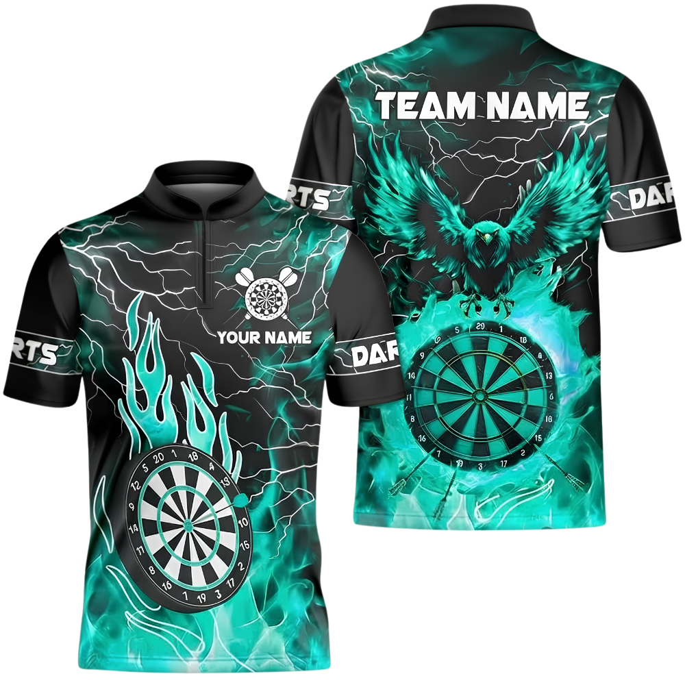 Custom Eagle Flame Cyan Dart Jersey For Men, Custom Eagle Darts Team Shirt DZ0167
