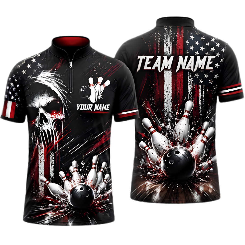 Custom Skull USA Flag Mens Bowling Jersey Black Red, Custom Skull Team Bowling Shirt BZ0954