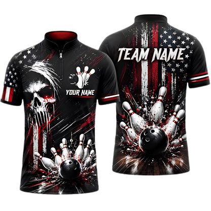 Custom Skull USA Flag Mens Bowling Jersey Black Red, Custom Skull Team Bowling Shirt BZ0954