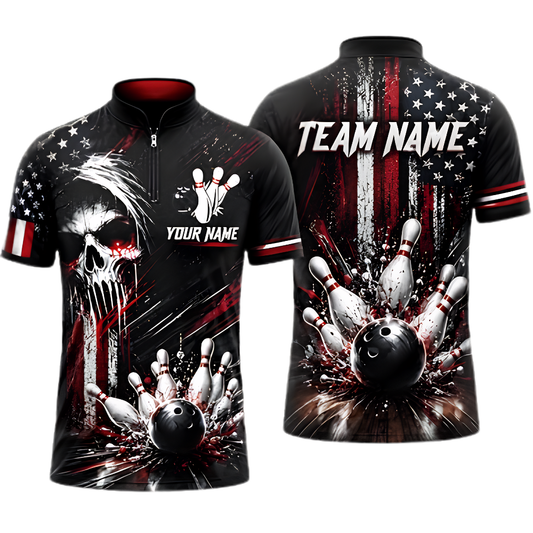 Custom Skull USA Flag Mens Bowling Jersey Black Red, Custom Skull Team Bowling Shirt BZ0954